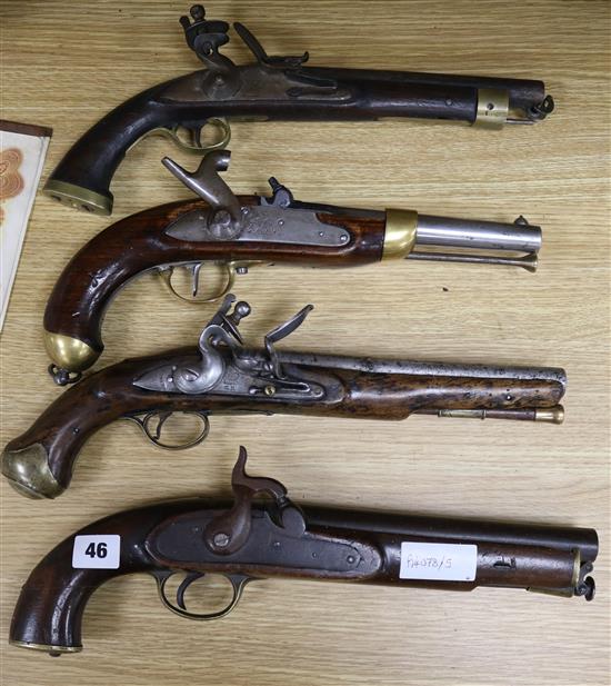 Four assorted pistols - two flintlock and two percussion, largest 15.5in.